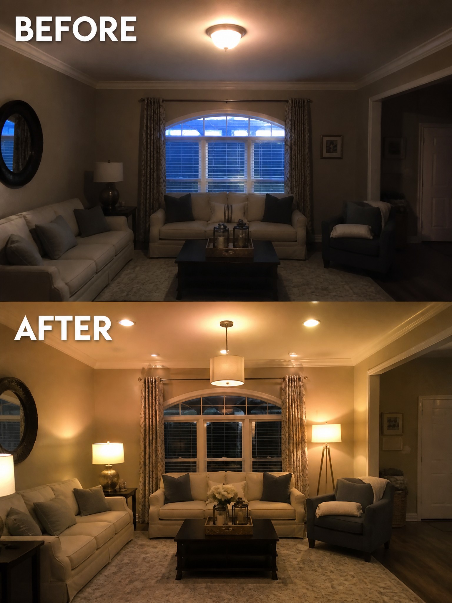 Living room before and after lighting improvement; neutral decor with light-colored sofas and curtains.