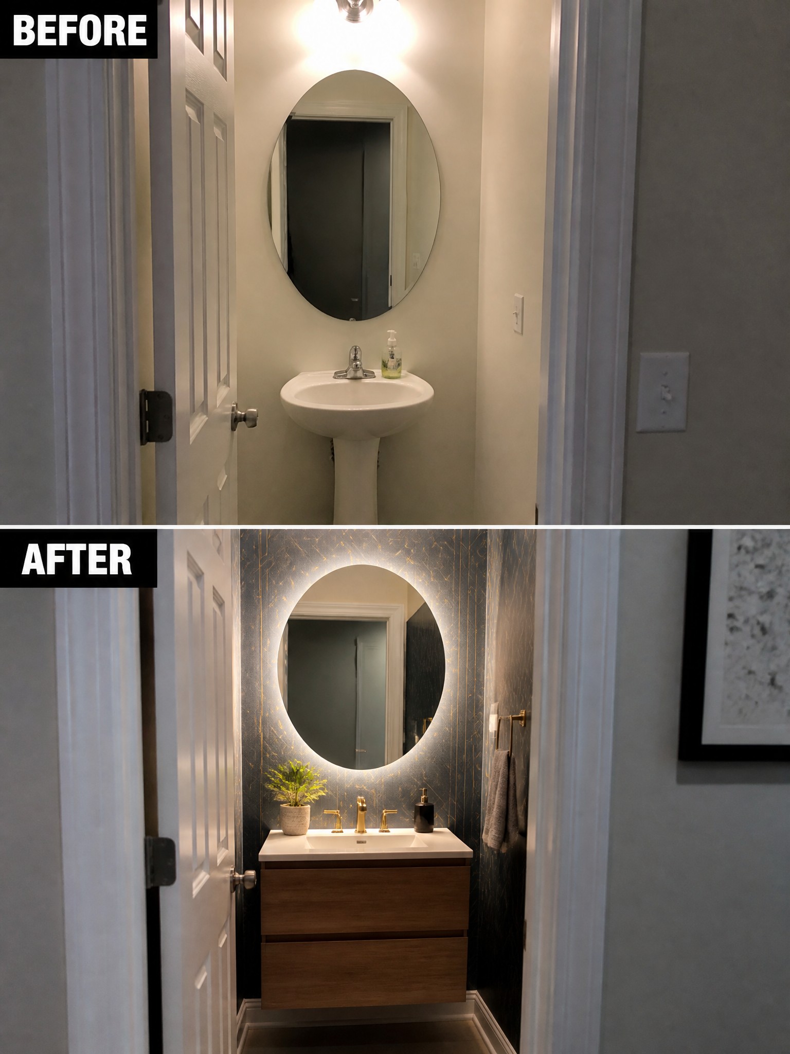 Before-and-after image of a small bathroom showing a pedestal sink replaced by a floating wood vanity, backlit round mirror, and dark patterned wallpaper.