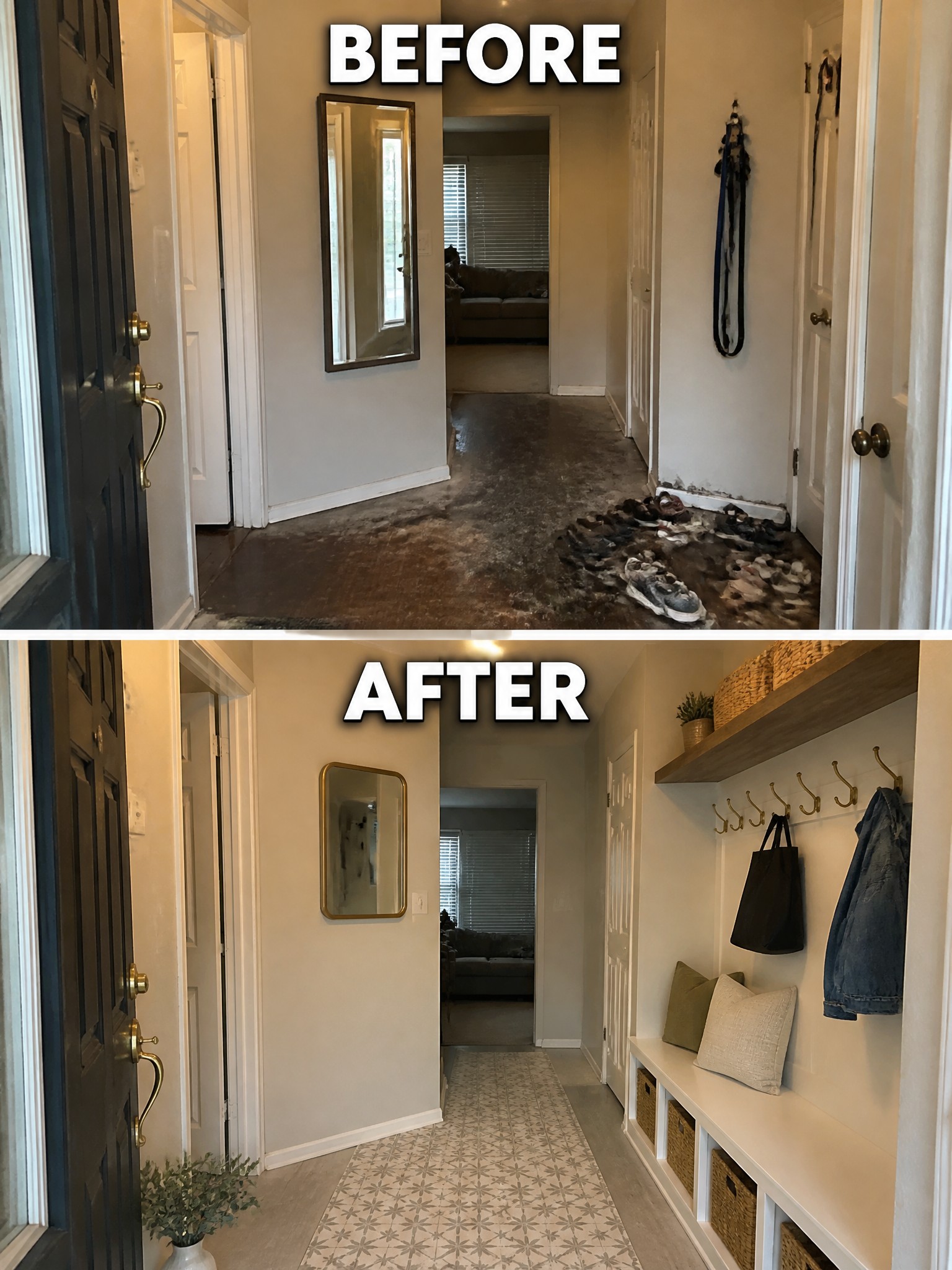 Hallway transformation: dirty floor with shoes before; clean and organized with decor after.