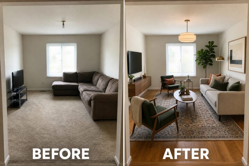 Before-and-after image of a carpeted living room with a single sectional sofa transformed into a finished space with hardwood floors, a large area rug, balanced seating, and added lighting and decor.
