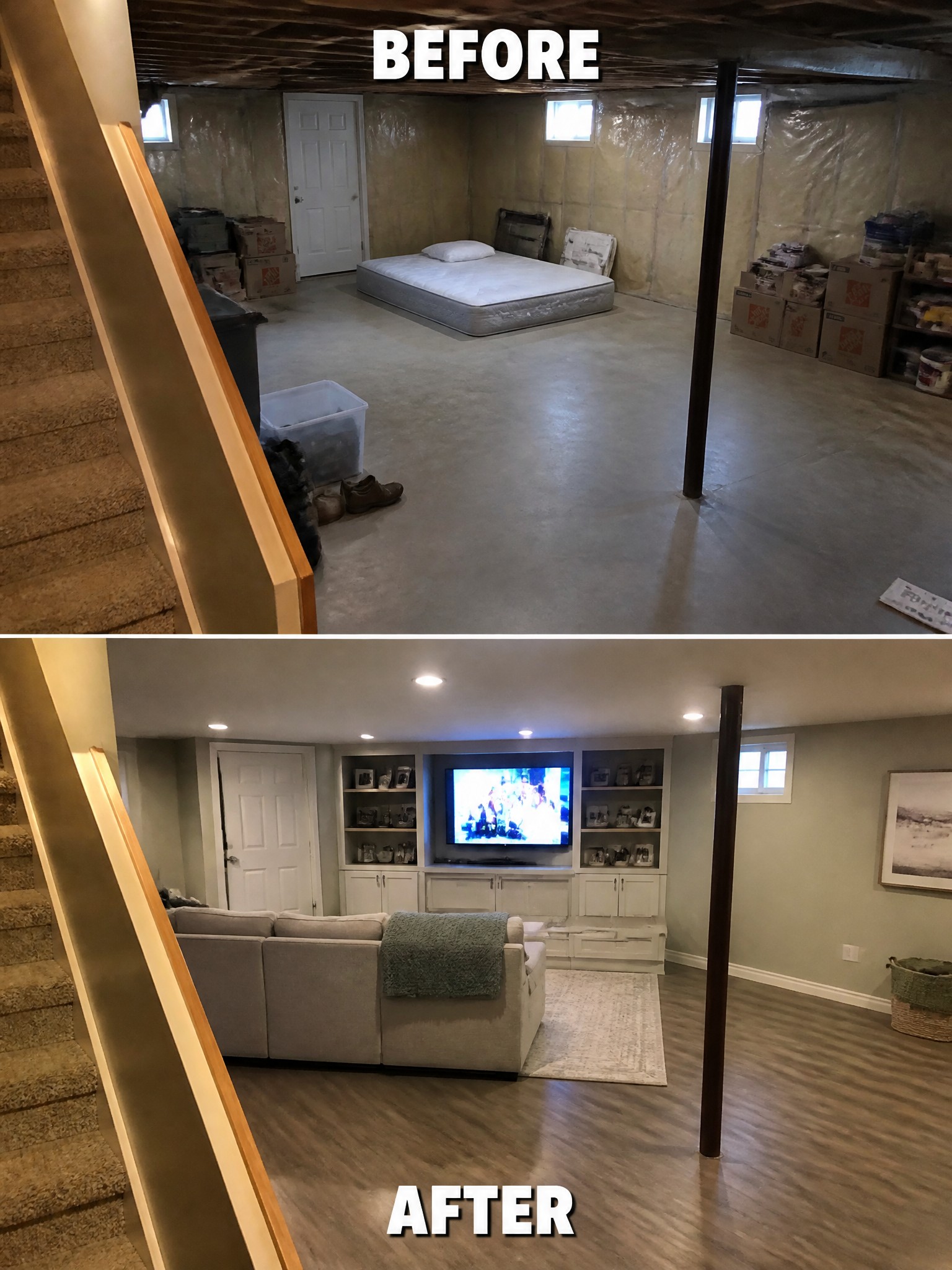 Before-and-after basement transformation showing a bare space turned into a cozy lounge area.