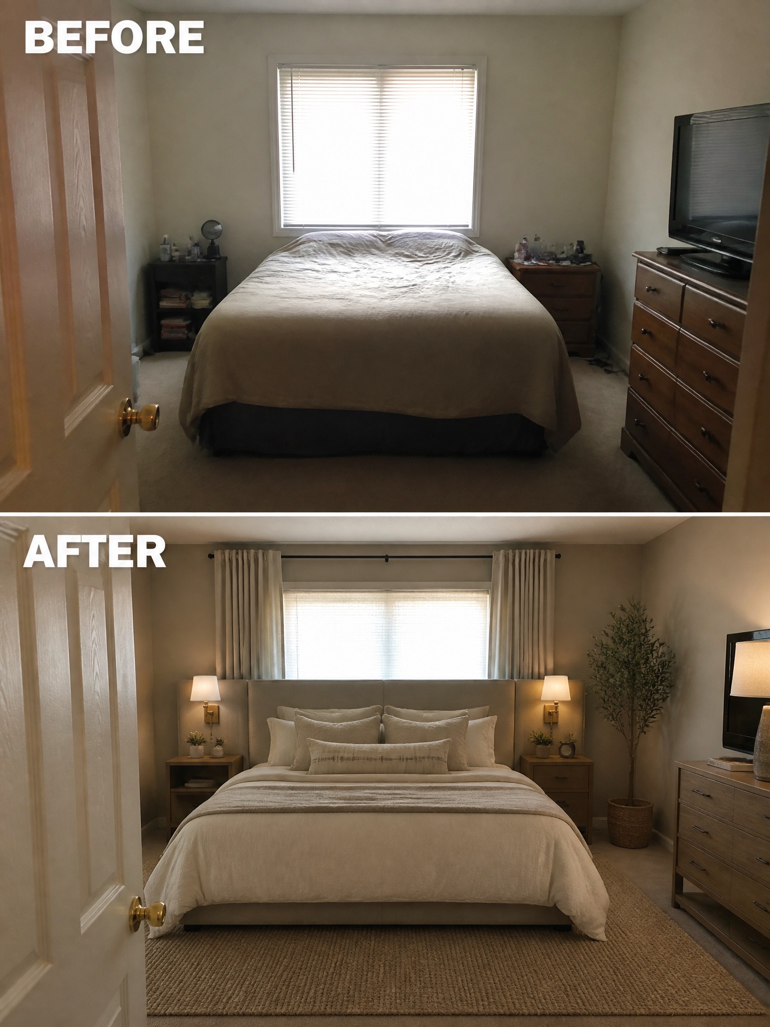 Bedroom transformation: minimalistic decor, neutral tones, plush bedding, and stylish furniture.