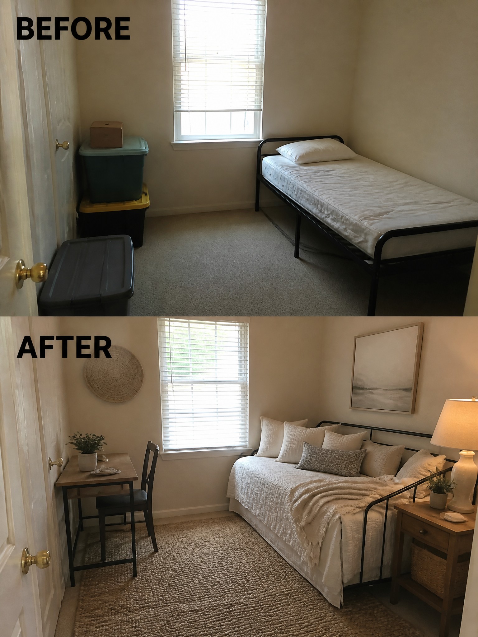 Before and after transformation of a small bedroom, featuring a bed, desk, and decor.