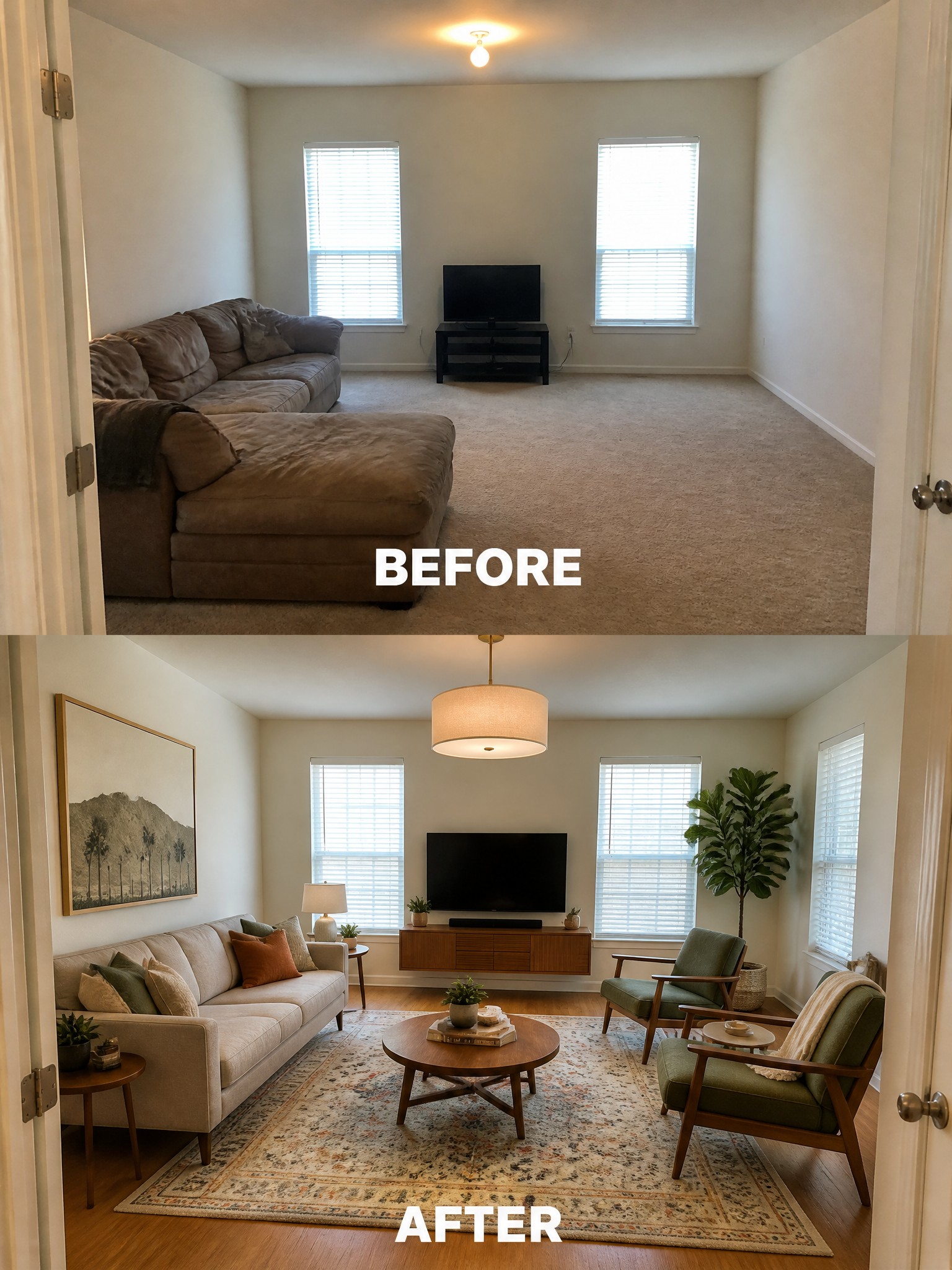 Before-and-after image of a carpeted living room with a single sectional sofa transformed into a finished space with hardwood floors, a large area rug, balanced seating, and added lighting and decor.