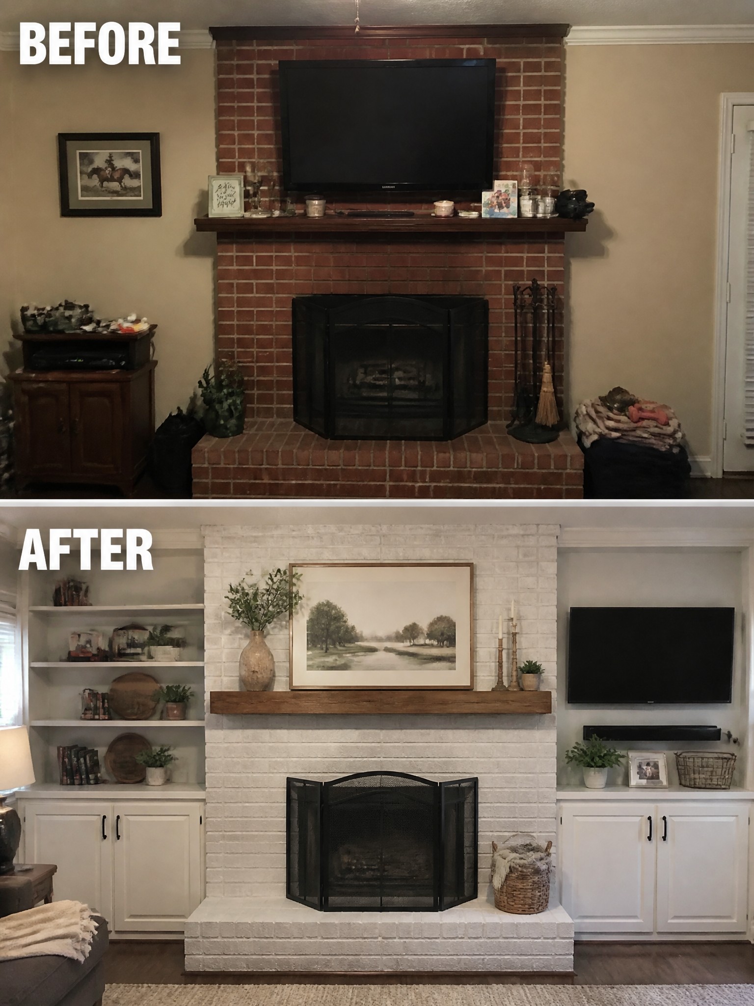 Before and after transformation of a fireplace area, featuring a brick wall and new white decor.