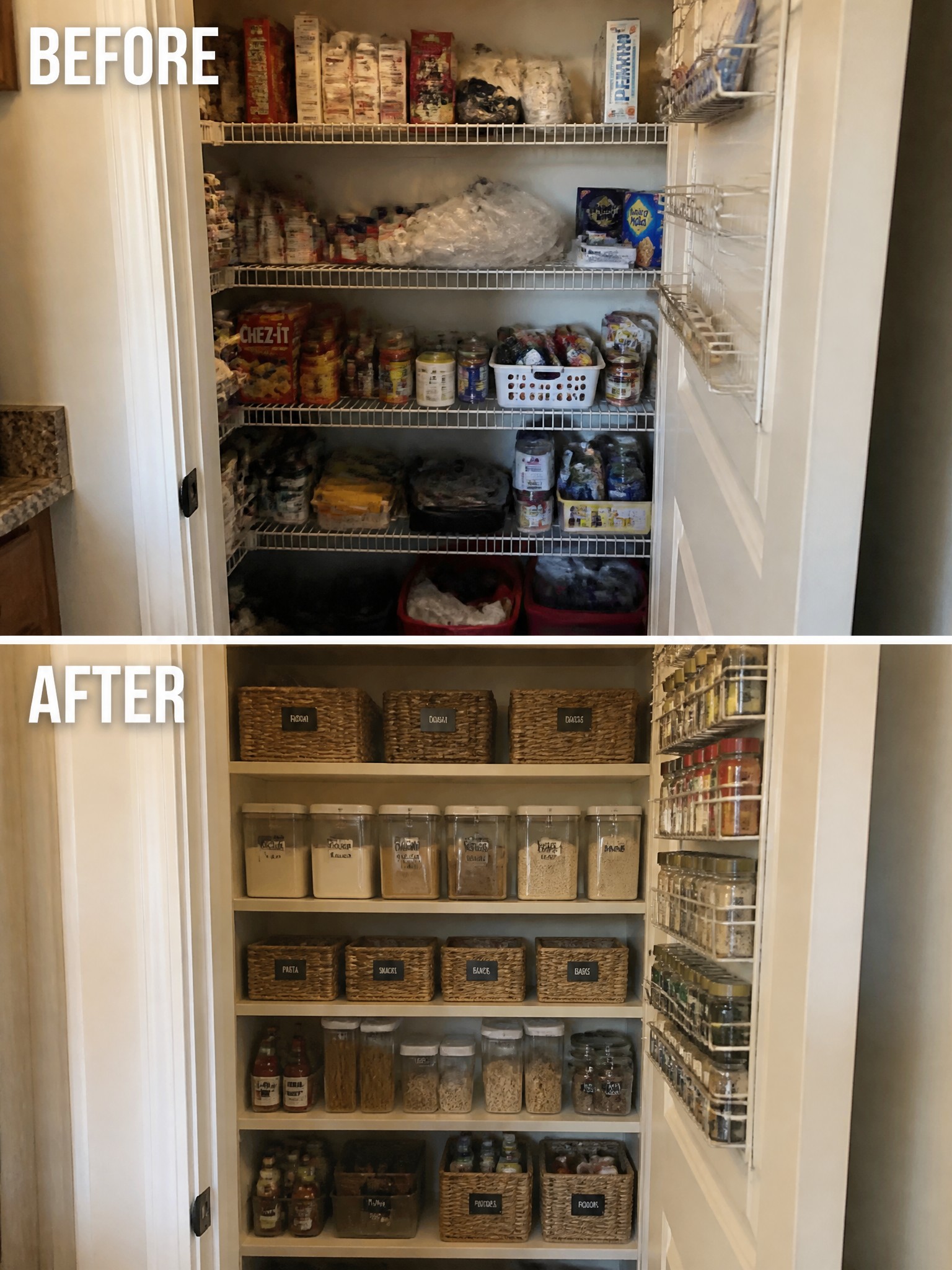 Before-and-after image of a cluttered pantry reorganized with labeled baskets, clear storage containers, and a mounted spice rack.