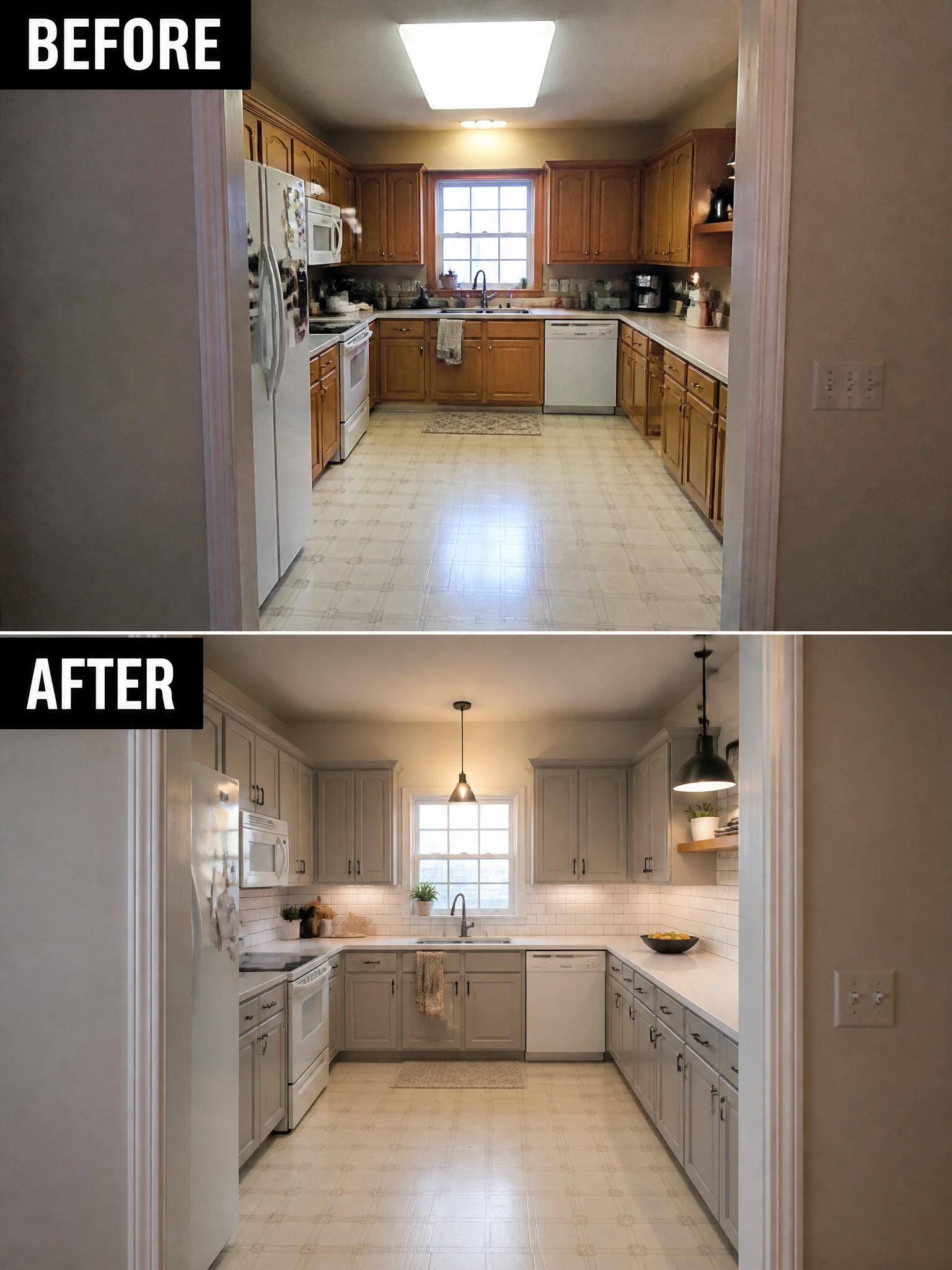 Before and after kitchen renovation featuring wooden and gray cabinets, modern lighting, and updated decor.