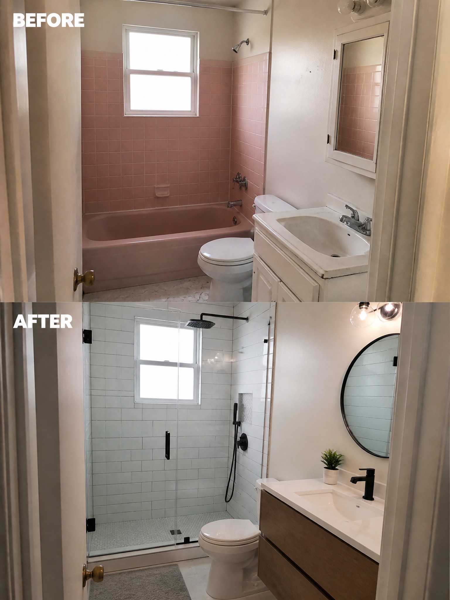 Before-and-after bathroom renovation showcasing a modern shower, white tiles, and wooden vanity.