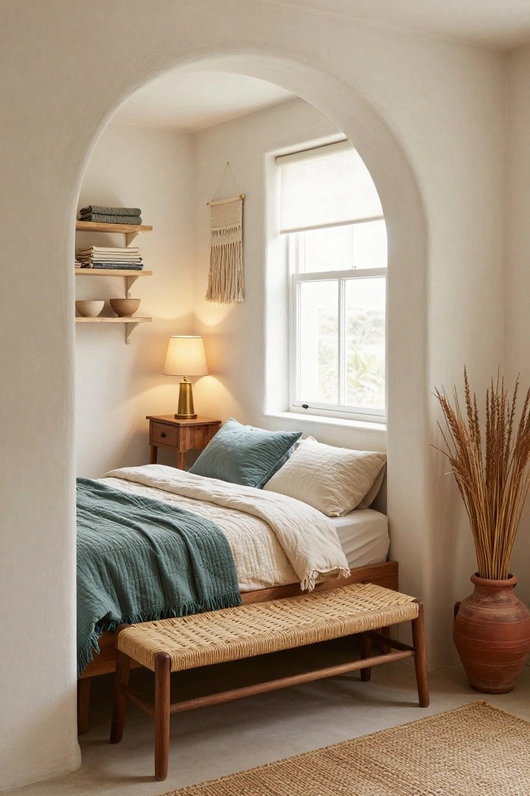 White arched alcove bedroom with teal quilted bedding on a low wooden bed frame, gold lamp on wooden nightstand, rattan bench, tall wheat stalks in terracotta pot, and sheer curtains on window.