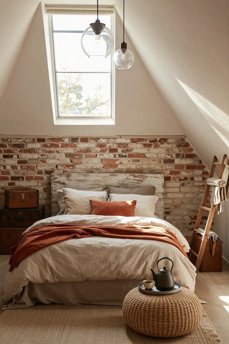 Attic bedroom with sloped white ceilings and skylight, exposed red brick accent wall behind a white wooden bed with beige linens and orange throw, leather suitcases, wooden ladder, woven pouf with teapot and cup on wood floor with seagrass rug.
