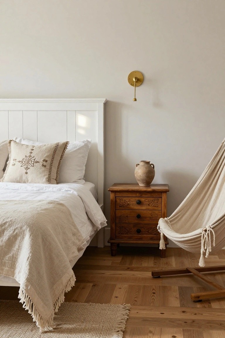 Beige bedroom with white paneled headboard on a bed with white sheets, beige fringed throw, embroidered pillow, wooden nightstand holding terracotta vase, gold wall sconce, cream hammock chair hanging in corner, oak wood floors, and seagrass rug.