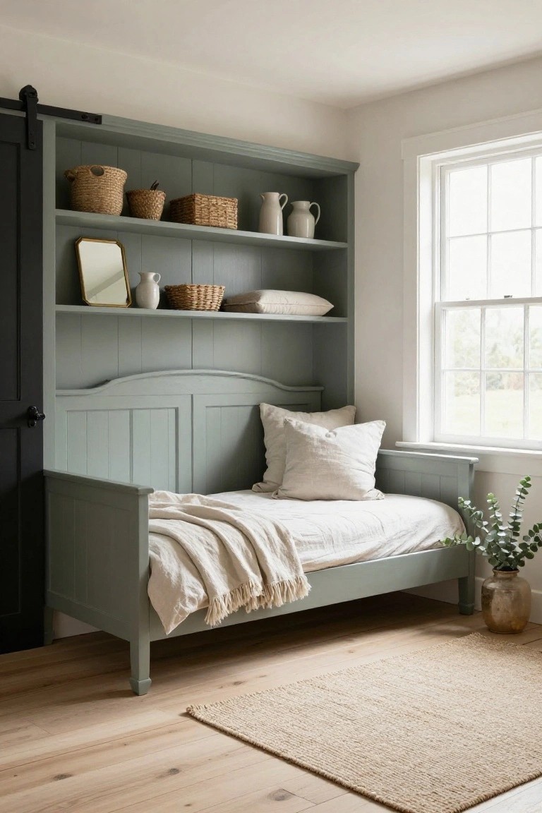 Sage green wooden daybed with arched headboard integrated into matching built-in shelving unit holding wicker baskets, ceramic pitchers, pillows, and plants, next to a black barn door in a room with hardwood floors, seagrass rug, and window.