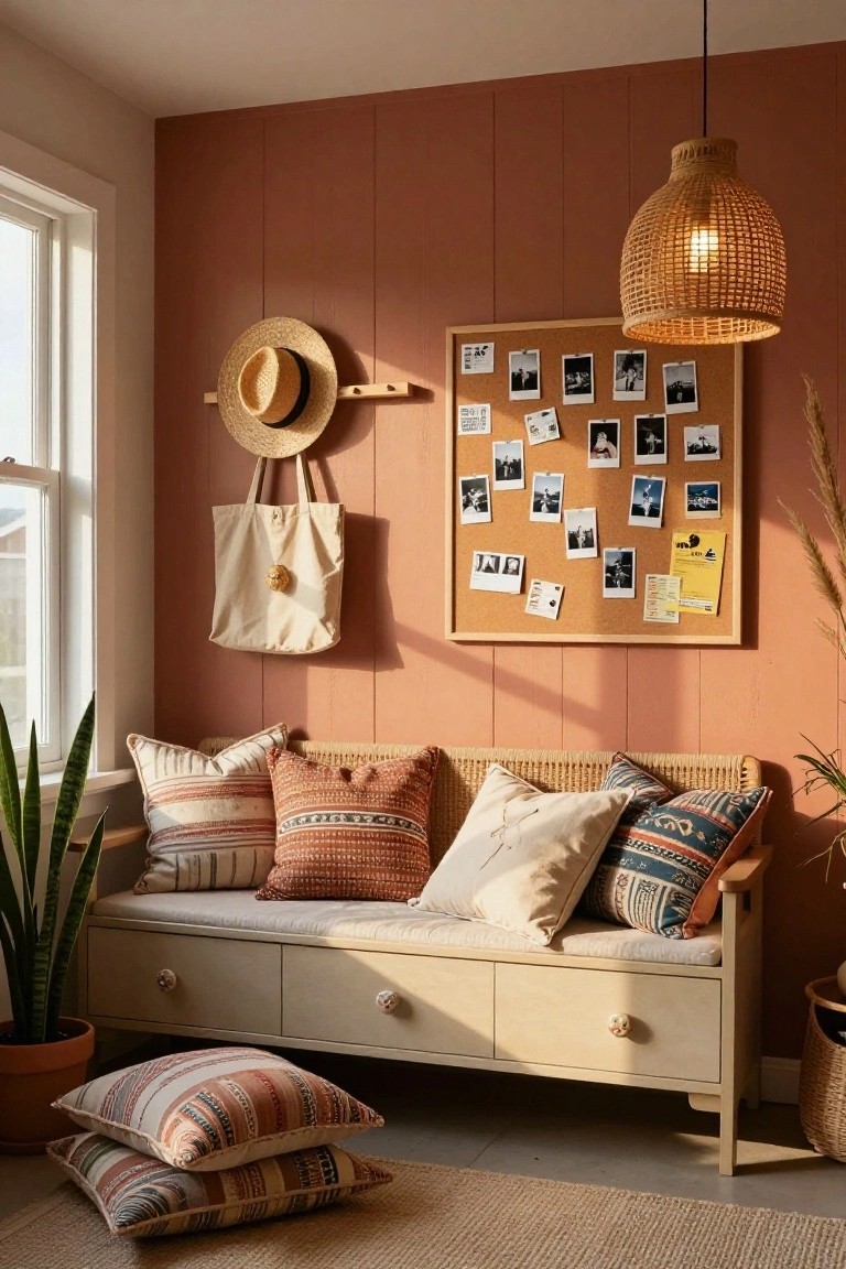 Cozy indoor room corner with a light wood rattan bench piled with patterned pillows and floor cushions, a potted snake plant, cork bulletin board with photos and notes, hanging straw hat and tote bag, rattan pendant light, against terracotta vertical plank wall.