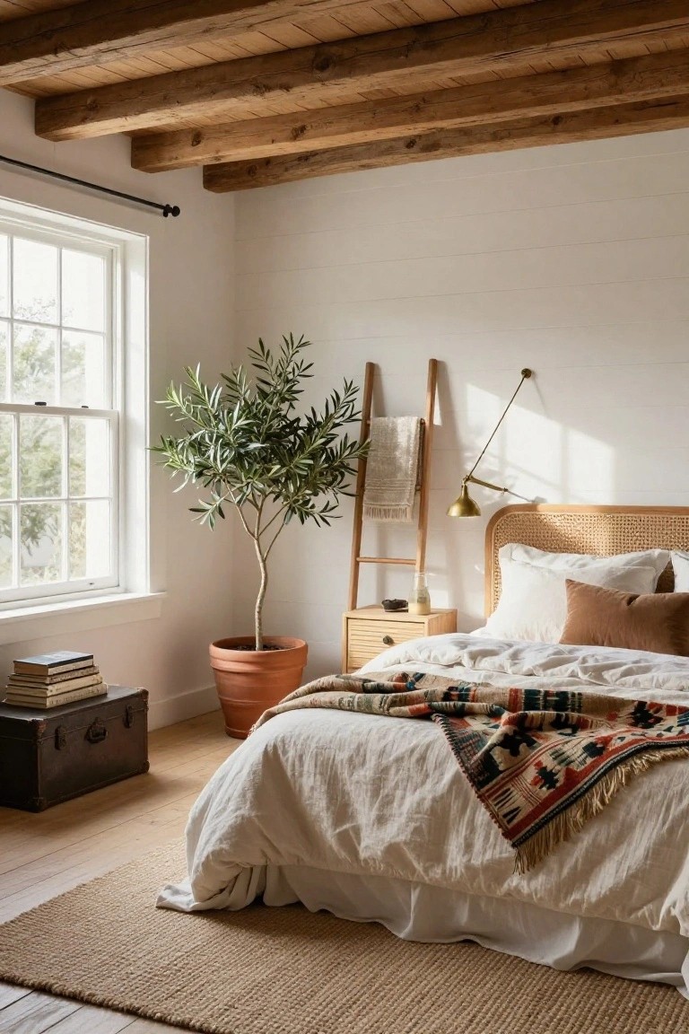 Bedroom interior featuring exposed wooden beam ceiling, white shiplap walls, rattan headboard bed with white linens and multicolored throw blanket, potted olive tree, wooden ladder shelf with towel, brass swing-arm lamp, and bedside table with books and trunk on hardwood floor.