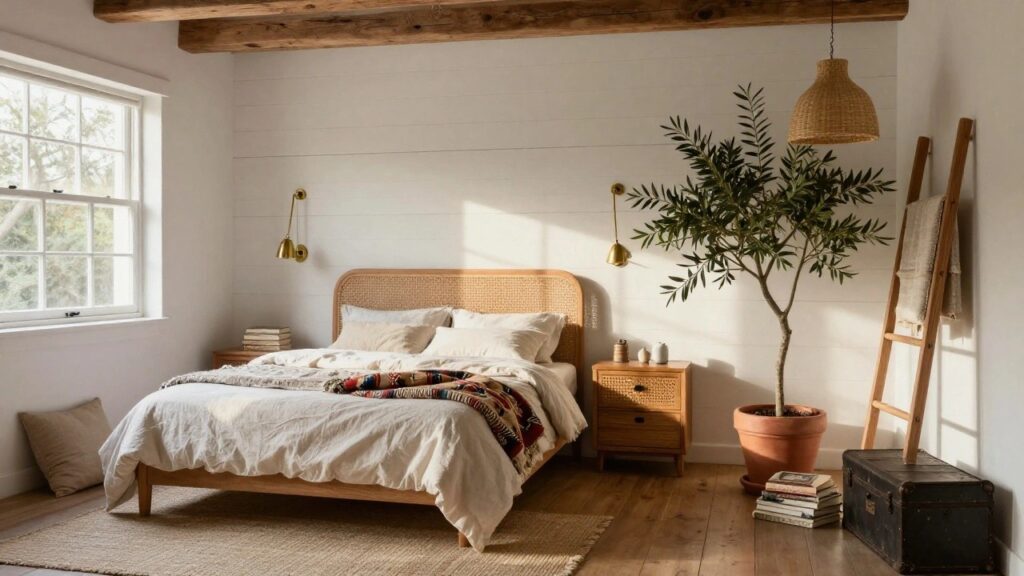 Bedroom interior featuring exposed wooden beam ceiling, white shiplap walls, rattan headboard bed with white linens and multicolored throw blanket, potted olive tree, wooden ladder shelf with towel, brass swing-arm lamp, and bedside table with books and trunk on hardwood floor.