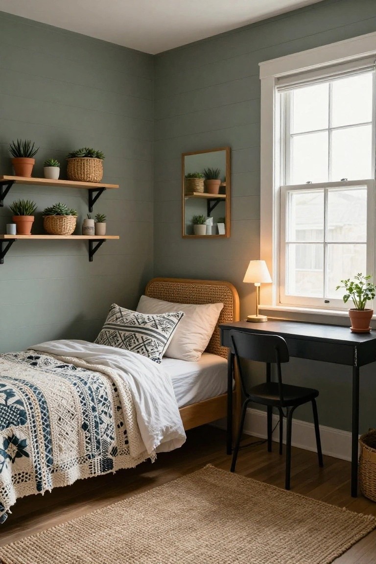 Corner view of a sage green bedroom with shiplap walls, two floating wooden shelves holding potted succulents and plants, rattan bed with white linens and woven throw, black desk and chair, table lamp, and potted plant on desk by window.