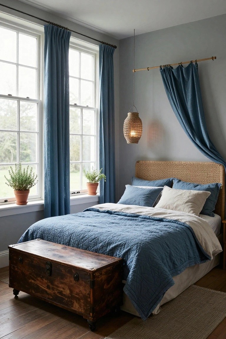 Bedroom interior featuring a rattan headboard bed with blue quilted bedding and white pillows, a wooden trunk bench at the foot of the bed, potted herbs on windowsills with blue curtains, a wicker pendant light, and hardwood floors.