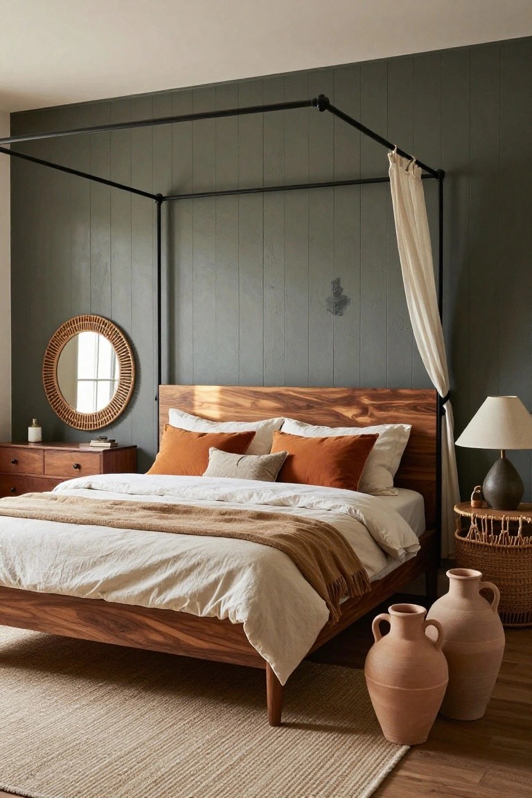 Bedroom with acacia wood bed under black metal canopy frame draped with white fabric on one side, gray planked walls, rattan mirror on wall, wooden dresser, orange and white pillows, white bedding with tan throw, lamp on rattan table, basket, and two tall terracotta vases on floor next to seagrass rug.