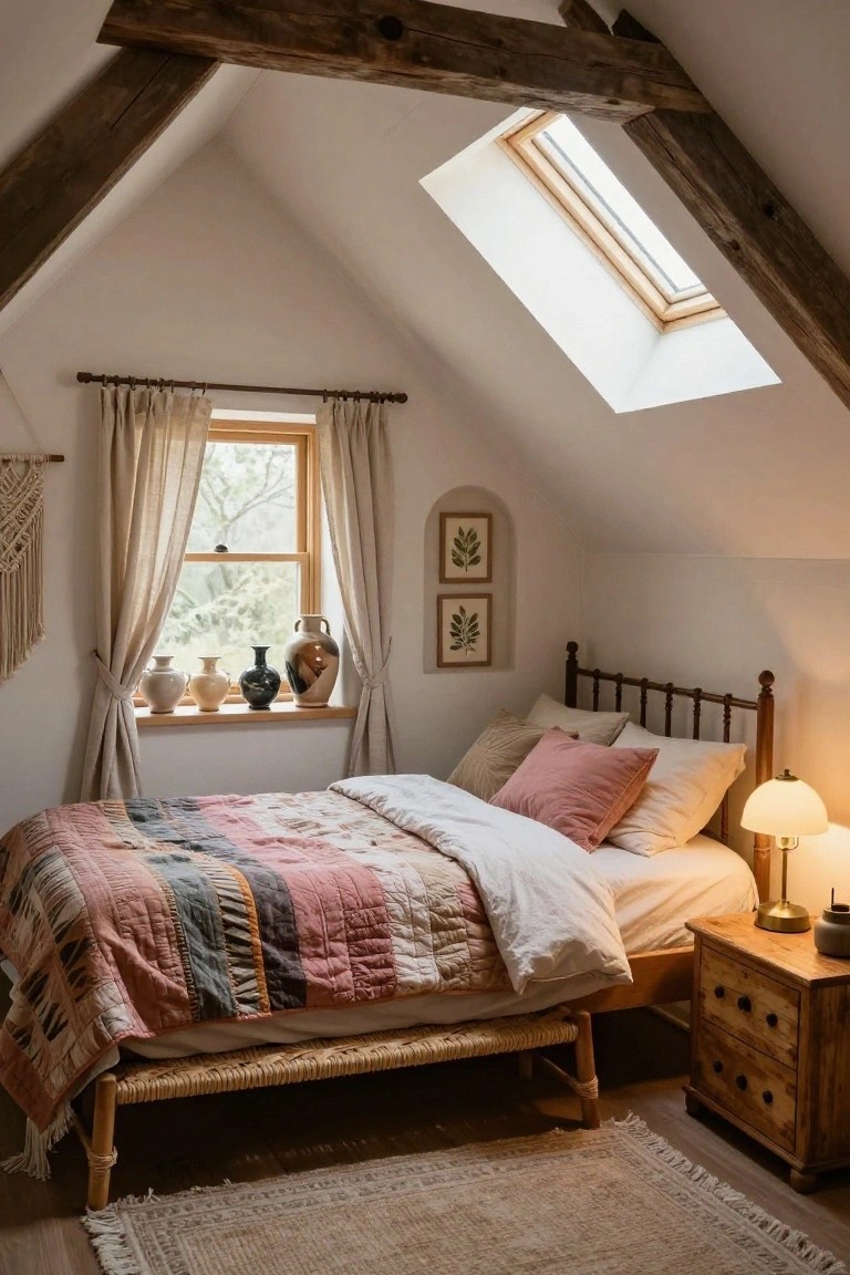 Attic bedroom with white sloped ceilings and exposed wooden beams, rattan bed frame with colorful quilted bedspread and pink pillows, wooden nightstand with lamp, window sill displaying ceramic vases, macrame hanging, and beige rug on wood floor.