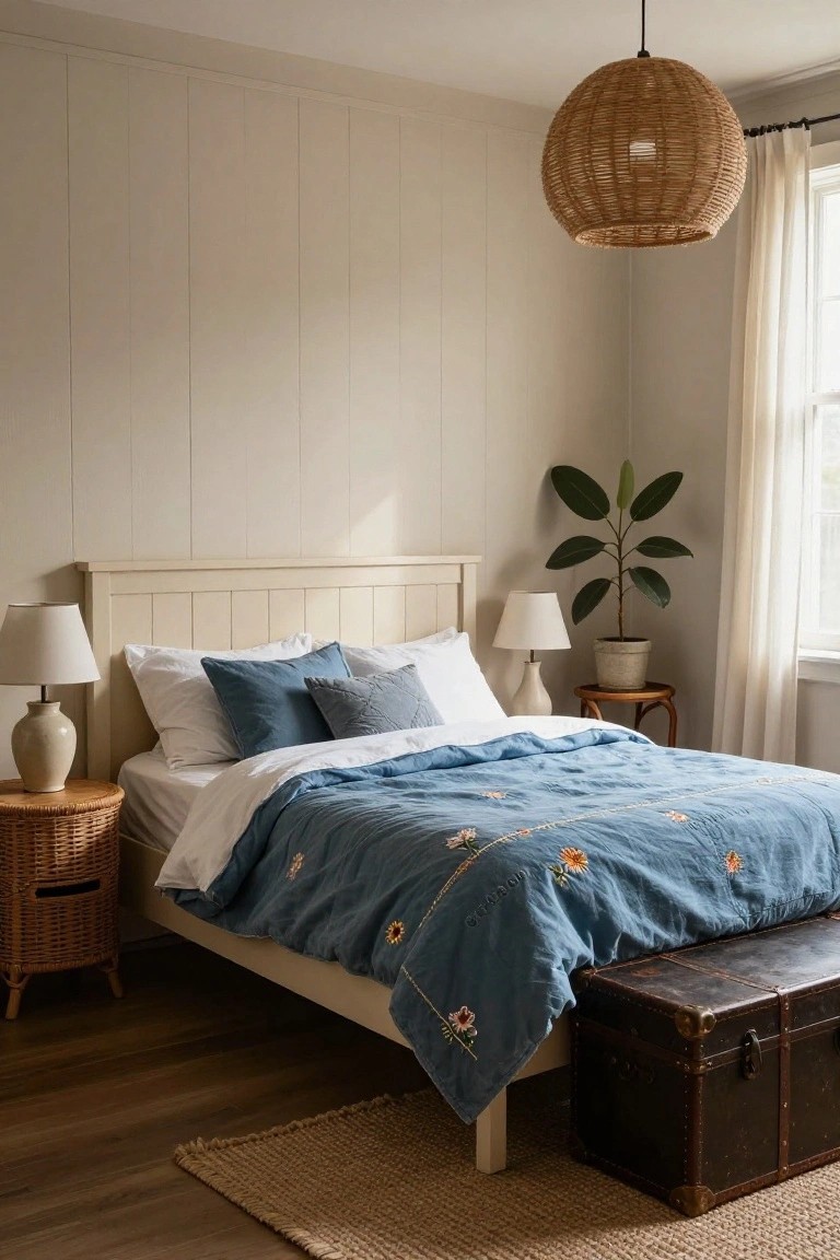 White wooden bed with blue embroidered quilt and white pillows in a beige shiplap-walled bedroom, flanked by rattan nightstands topped with ceramic lamps, a potted plant on a stool nearby, rattan pendant light overhead, vintage trunk at bed foot, wood flooring, and seagrass rug.