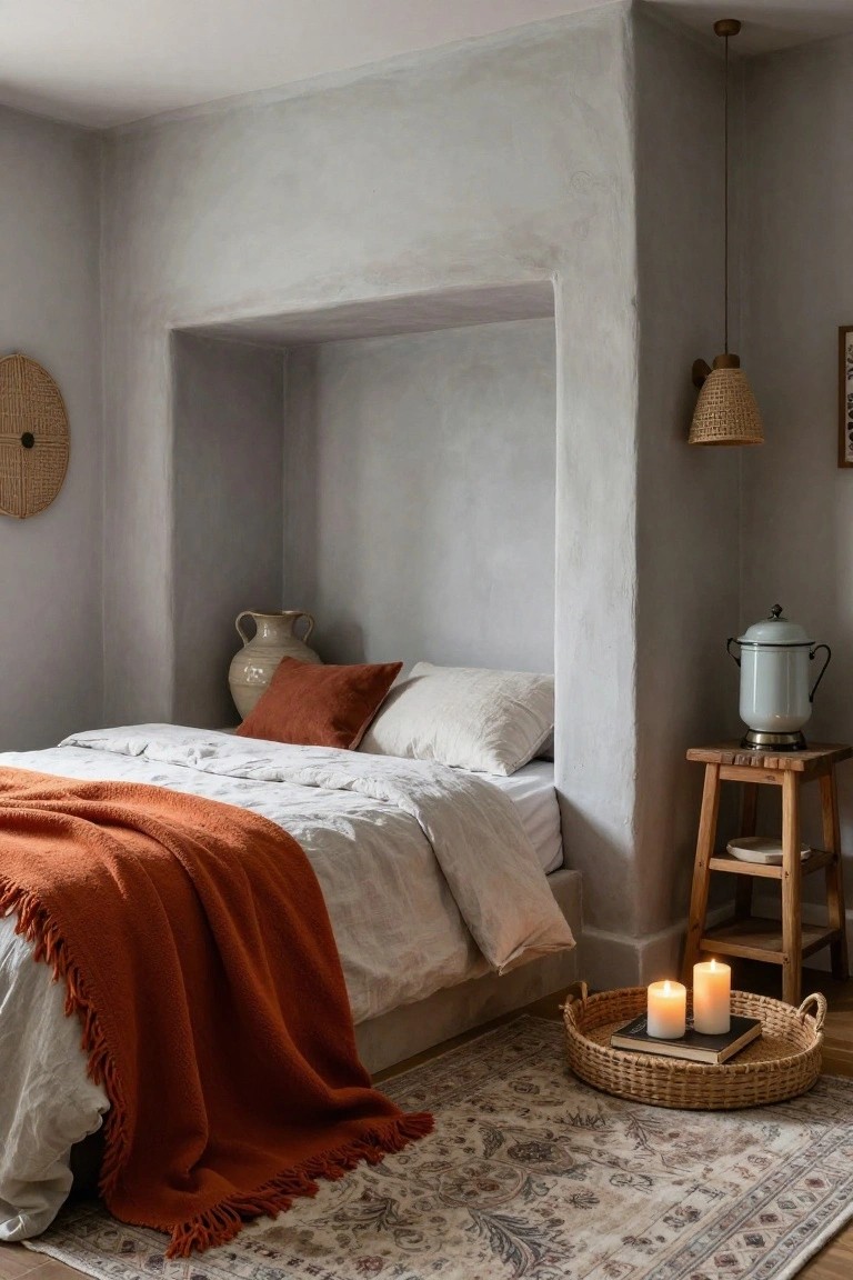 Bedroom with a bed set into a recessed plaster alcove wall, featuring white linens, orange throw blanket, terracotta vase, woven wall hanging, rattan pendant light, candles in a basket on the floor, and a patterned rug.