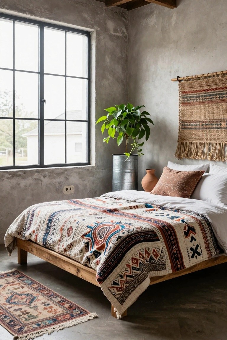 Bedroom interior with low wooden bed frame topped by multicolored patterned quilt and white sheets, neutral pillows, potted plant in metal bucket, woven wall hanging, terracotta pot, small rug on concrete floor, and large black-framed windows.