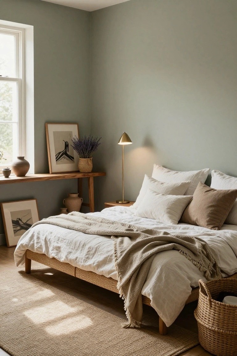 Bedroom interior with pale sage green walls, low wooden platform bed draped in white linens and beige throw blankets, wooden wall shelf holding abstract line drawings, pottery vases, lavender bouquet in basket, brass arc lamp, and seagrass rug on hardwood floor.