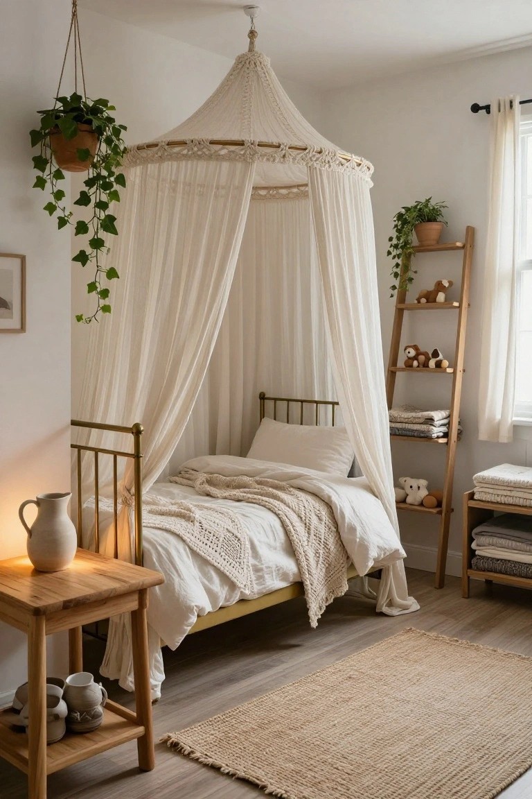 A bedroom with a single bed under a white sheer canopy suspended from a macrame hoop on a gold metal frame, flanked by hanging ivy plant, wooden ladder shelf holding stuffed toys, and neutral bedding on light wood floors.