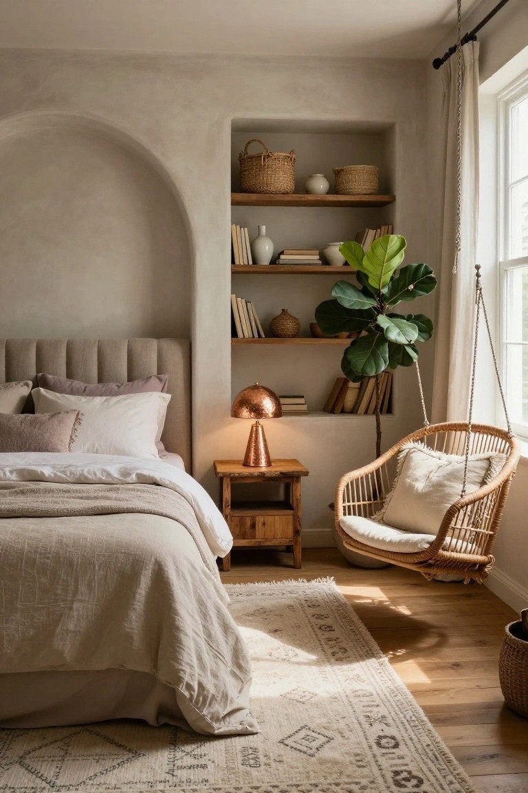 Bedroom interior with beige tufted headboard bed dressed in white and neutral linens, wooden nightstand holding copper lamp, arched wall niche with wooden shelves displaying baskets books ceramics and plants, large fiddle leaf fig, rattan hanging chair with cushions by window, neutral patterned rug on wood floor.