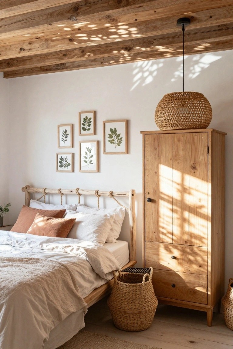 A sunlit bedroom with exposed wooden ceiling beams, a tall wooden armoire beside a low wooden bed with rope-tied headboard and beige linens, rattan hanging lamp overhead, pressed leaf frames on white walls, and woven baskets on the floor.