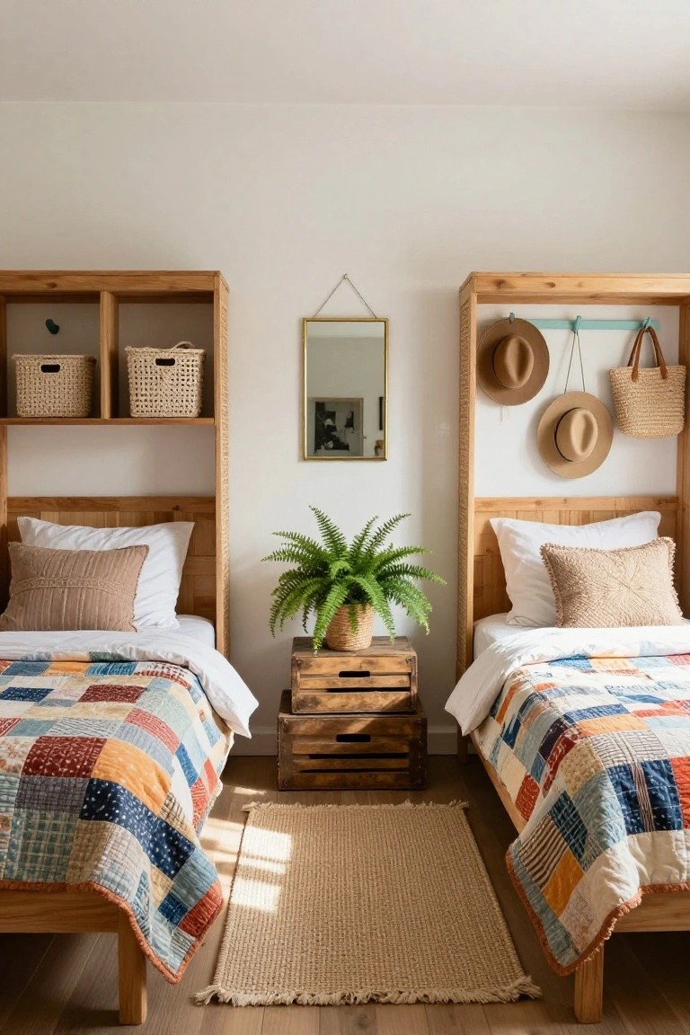 Two wooden twin beds with integrated open shelving headboards flank a potted fern on crates, featuring wicker baskets on shelves, hanging hats and bags, colorful patchwork quilts, and a seagrass rug on light wood floors in a white-walled bedroom.
