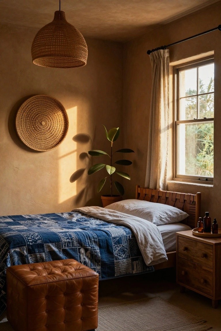 Sunlit bedroom interior with textured ochre walls, large woven rattan pendant lamp, circular woven basket on wall, wooden leather-strapped bed with blue quilted blanket and white sheets, potted plant, wooden nightstand with bottles, leather ottoman, and sheer-curtained window.