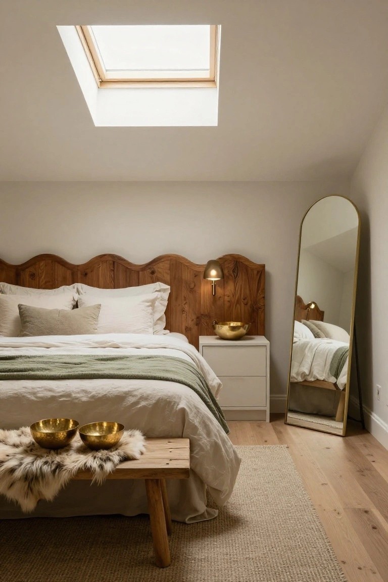 Bedroom interior with wavy wooden headboard, white linen bedding, green throw, two gold bowls on wooden bench with fur rug at bed foot, white nightstand, tall arched gold mirror, and skylight overhead on light wood floors.