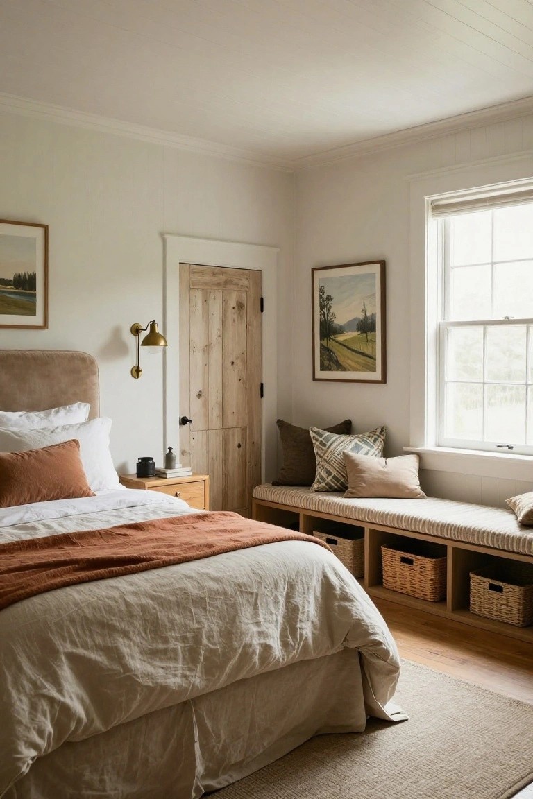 Bedroom corner with beige upholstered bed draped in white and terracotta linens, wooden nightstand, gold wall lamp, rustic wooden door, framed landscape art, and built-in window bench with wicker basket storage under a large window with beige shade, on white paneled walls and oak floors.