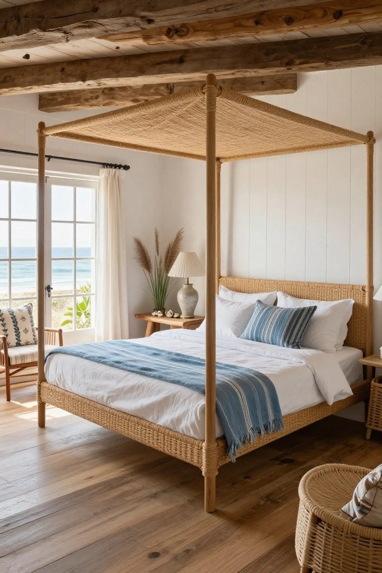 Bright, airy bedroom with a rattan canopy bed, blue accents, and ocean view.