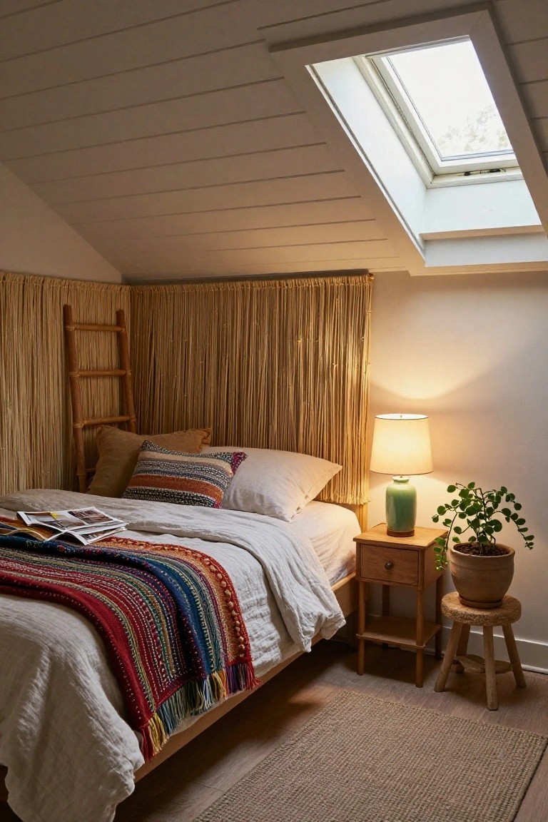 Attic bedroom with sloped white shiplap ceiling and skylight, bed covered in white linens and multicolored woven blanket with open magazine, wooden nightstand holding lamp and green vase, potted trailing plant on wooden stool, leaning bamboo ladder against tall woven reed wall panels, seagrass rug on wood floor.