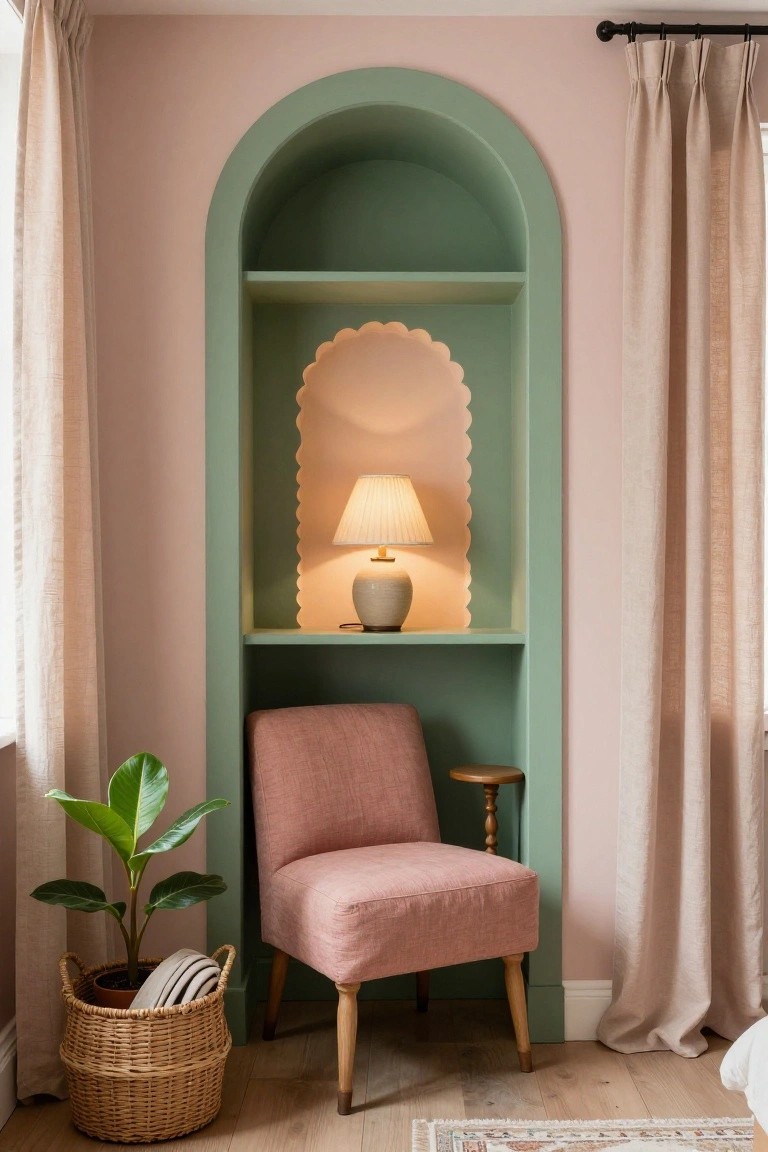 Interior room corner with blush pink walls, sage green arched built-in shelf featuring scalloped edges and a lit ceramic lamp, pink upholstered armchair, potted plant in woven basket with stacked plates, small wooden side table, and beige linen curtains.