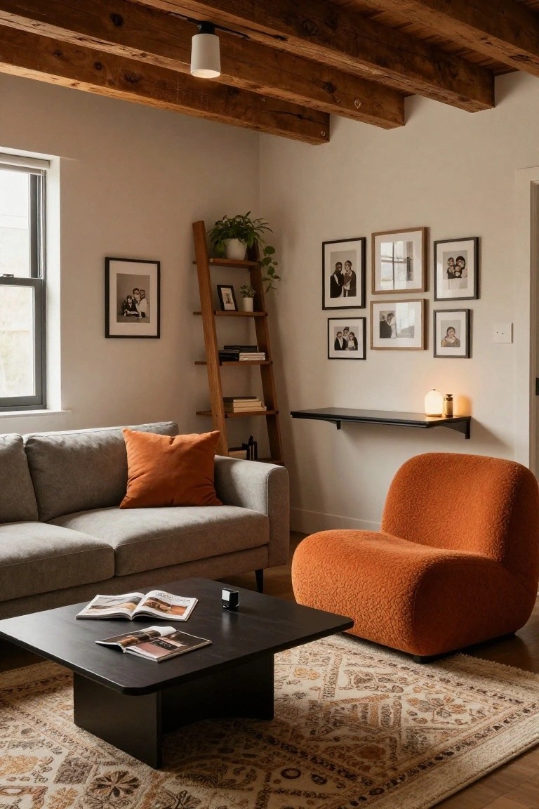 Living room with exposed wood beam ceiling, gray sofa with orange pillows, orange armchair, black coffee table on beige patterned rug, wooden ladder shelf, and framed family photos on walls.