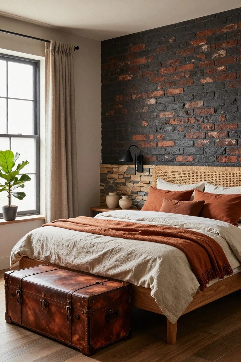 Bedroom with dark exposed brick accent wall behind rattan headboard, terracotta and beige bedding on wooden bed frame, leather trunk at foot, fiddle leaf fig plant by window with beige curtains.