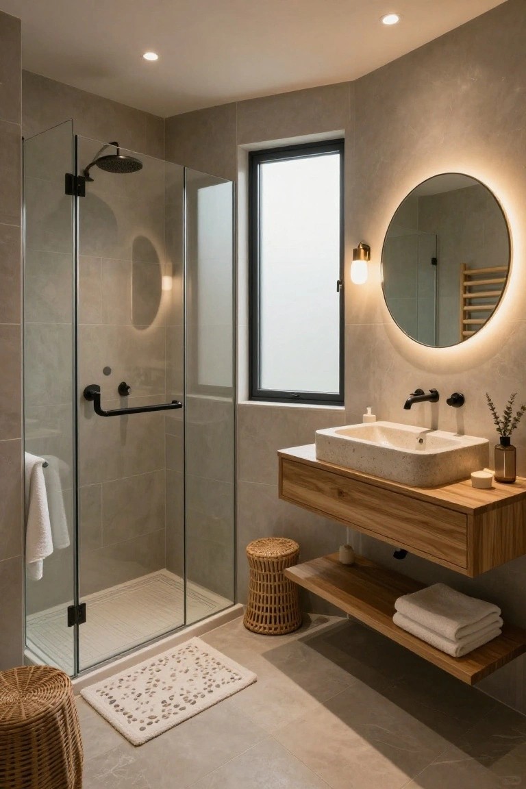 Modern bathroom interior with glass shower enclosure, floating wooden vanity and stone sink, round mirror with LED rim lighting, gray tiled walls and floor, rattan stools, and folded towels on shelves.