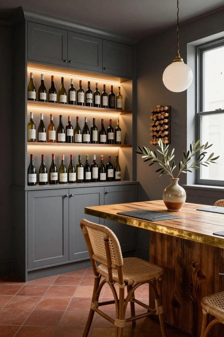 Modern dining area featuring wine shelves, wooden table, and woven chairs.