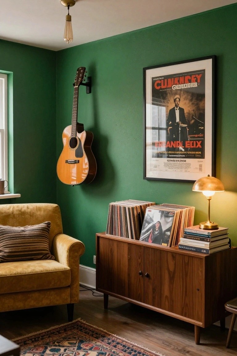 A small interior room with emerald green walls, a hanging acoustic guitar, a framed movie poster, stacks of vinyl records and books on a wooden cabinet, a mustard yellow velvet armchair with pillows, a brass dome lamp, and a patterned rug on wood floors.