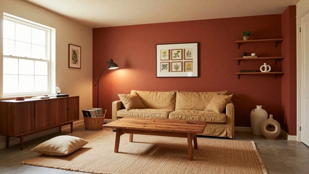 Living room interior with terracotta-painted walls, wooden TV console and coffee table, beige sofa with pillows, floor lamp, ceramic vases, framed botanical art, and seagrass rug on dark wood floors.