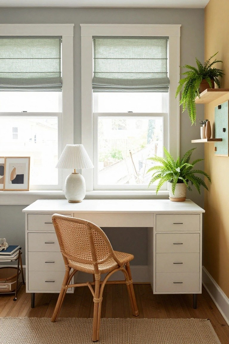 Bright minimalist study area with a wooden desk, rattan chair, plants, and soft window shades.