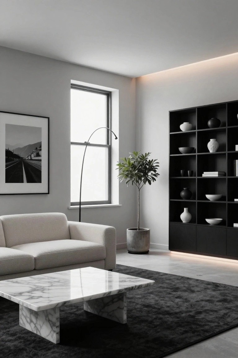 Modern living room interior with light gray walls, beige sofa, white marble coffee table on black rug, tall black shelving unit with ceramics and books, potted tree, arc floor lamp, and large window.