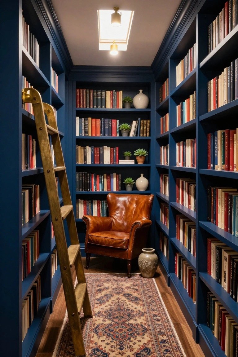 Narrow room lined with navy blue built-in bookshelves filled with books, wooden rolling ladder, brown leather armchair, potted plants, ceramic vases, and patterned rug on wooden floor lit by skylight.