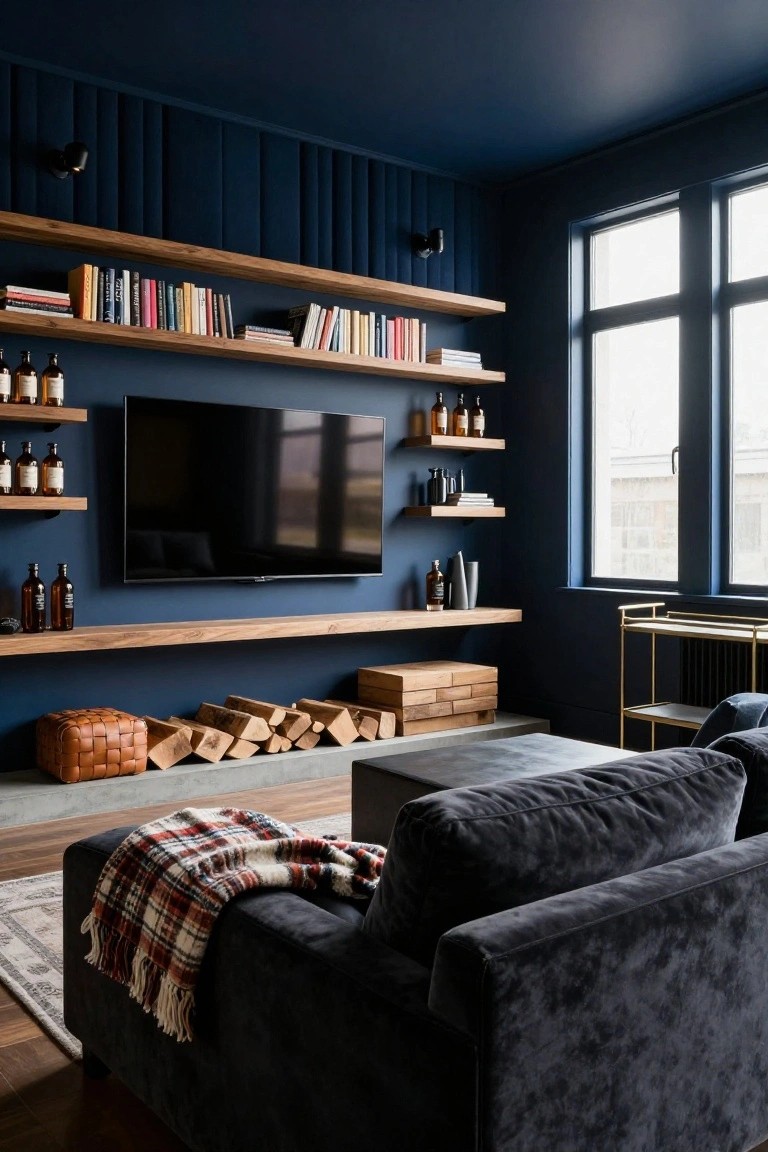 A basement living room with deep navy blue walls and ceiling, wooden shelves displaying books and liquor bottles, wall-mounted black TV, concrete fireplace stacked with firewood, and gray velvet sofa with plaid blanket.