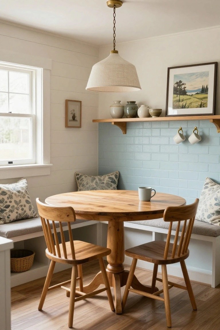 Cozy kitchen nook featuring a round wooden table with chairs and cushioned bench seating, white shiplap walls, pale blue subway tile backsplash, open wood shelves with pottery, and a linen pendant light overhead.