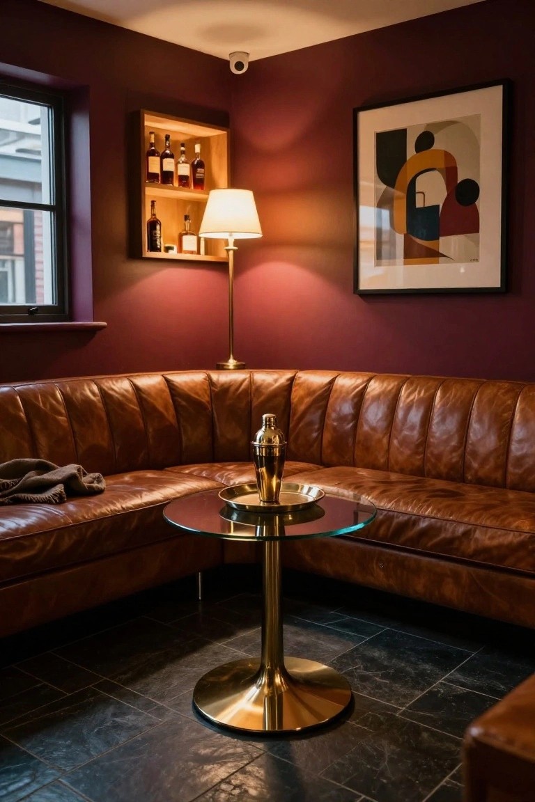 Corner lounge in a room with deep maroon walls, L-shaped tan leather sofa, glass table on brass pedestal base holding a cocktail shaker, wooden shelf stocked with liquor bottles, and a floor lamp.