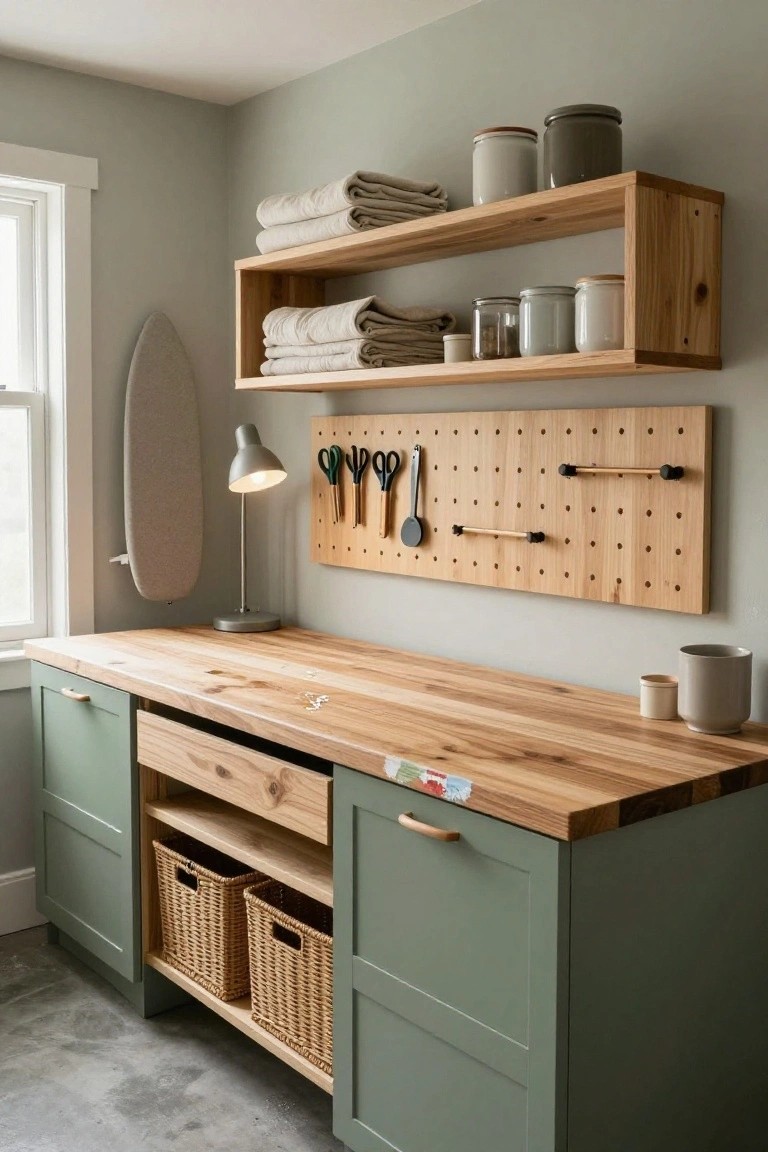 Modern workspace with wooden countertop, green cabinets, shelves, and organized tools.